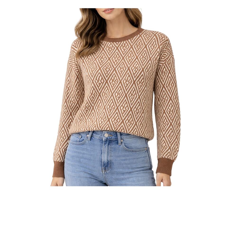 Halston Sweater Womens Size L Diamond Pattern Brown Beige Crewneck Pullover